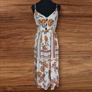 Patrons of Peace Boho Summer Cream and Orange Floral Midi Dress Small